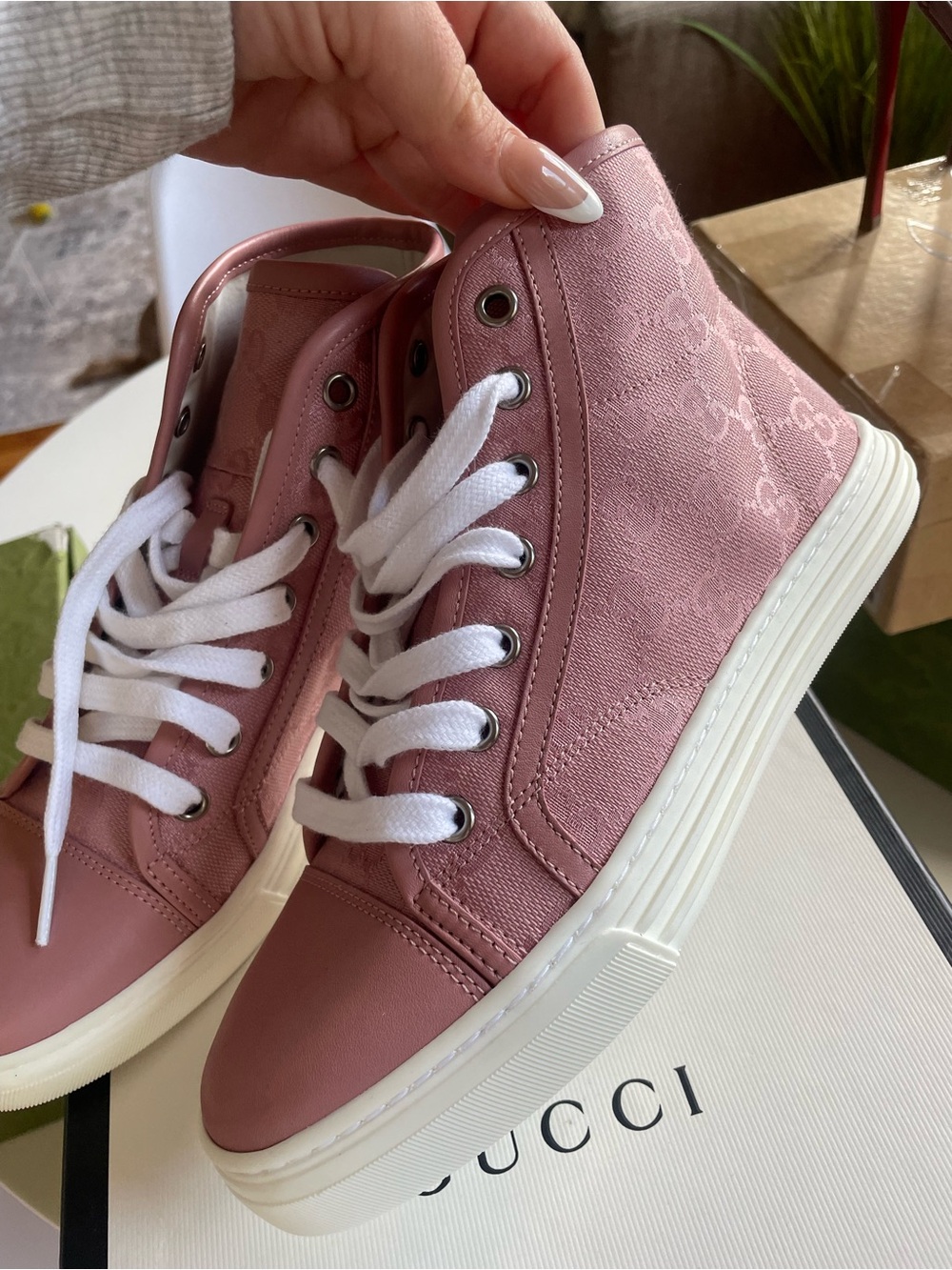 Gucci Pink High-Top Canvas & Leather Sneakers with White Laces